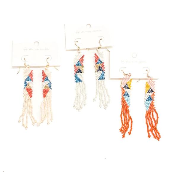 Fringe Color Block Beaded Boho Earrings Tan Blue Red - Picture 3 of 3